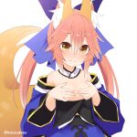  1girl animal_ear_fluff animal_ears blue_bow blue_kimono blush bow breasts breasts_out brown_eyes covering covering_breasts detached_collar detached_sleeves fate/grand_order fate_(series) fox_ears fox_girl fox_tail hair_between_eyes hair_bow haryuu_(poetto) highres japanese_clothes kimono long_hair pink_hair small_breasts solo split_ponytail tail tamamo_(fate) tamamo_no_mae_(fate/extra) upper_body 