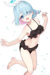  1girl :d arona_(blue_archive) bare_arms bare_shoulders bikini blue_archive blue_eyes blue_hair bow_hairband colored_inner_hair deca_purio eyes_visible_through_hair frilled_bikini frills hairband highres looking_at_viewer multicolored_hair pink_hair short_hair simple_background smile solo swimsuit white_background white_hairband 