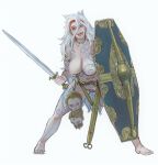  1girl :d blue_eyes breasts female_pubic_hair full-body_tattoo full_body gaul highres holding holding_shield holding_sword holding_weapon large_breasts long_hair looking_at_viewer mossacannibalis multicolored_hair navel nipples nude original pubic_hair scabbard severed_head sharp_teeth sheath shield simple_background smile solo standing streaked_hair sword tattoo teeth tower_shield very_long_hair weapon white_background white_hair 
