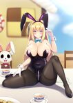  1girl 1other animal_ears areola_slip bangs bare_shoulders black_leotard blonde_hair blue_eyes blue_ribbon blurry blurry_background blush bow bowtie breasts chair cleavage crotch_zipper detached_collar fake_animal_ears gloves hair_ribbon high_heels house large_breasts leotard long_hair looking_at_viewer mijinko_(rioriorio) one_side_up original outdoors pantyhose playboy_bunny rabbit_ears ribbon sitting sitting_on_table sky smile solo strapless strapless_leotard undersized_breast_cup very_long_hair white_gloves wrist_cuffs zipper 