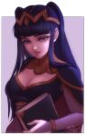  1girl bangs blue_hair blunt_bangs book border breasts bridal_gauntlets cleavage cleavage_cutout closed_mouth clothing_cutout diadem fire_emblem fire_emblem_awakening holding holding_book light_smile long_hair looking_at_viewer medium_breasts personal_ami purple_eyes signature smile solo tharja_(fire_emblem) two_side_up white_border 