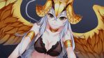  1girl armlet artist_request bare_shoulders black_bra black_eyes blush bra breasts choker cleavage colored_sclera crown fal_(monster_musume) feathered_wings feathers game_cg large_breasts long_hair looking_at_viewer monster_musume_no_iru_nichijou monster_musume_no_iru_nichijou_online official_art pov solo underwear white_hair wings yellow_feathers yellow_sclera yellow_wings 