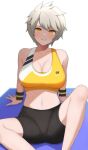  1girl arm_support bike_shorts breasts cleavage collarbone highres large_breasts looking_at_viewer medium_hair miyabi_(senran_kagura) senran_kagura simple_background sitting smile solo sports_bra surippa1010 white_background wristband yellow_eyes 