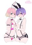  2boys black_bow black_bowtie blue_eyes bow bowtie covered_nipples g-string gradient_hair hair_ornament highres holding_hands looking_at_viewer medium_hair multicolored_hair multiple_boys nagano_rira navel original puffy_sleeves purple_hair red_eyes see-through short_hair suspenders testicles thong white_background wrist_cuffs 