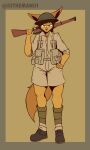  3:5 5_fingers absurd_res anthro armor brown_body brown_fur brown_hair brown_nose canid clothed clothing fingers fluffy fluffy_tail fur green_eyes gun hair hand_on_hip headgear helmet hi_res holding_object holding_weapon looking_at_viewer male mammal military pupils ranged_weapon rifle slit_pupils solo the_man watermark weapon 