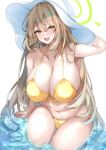  1girl :d armpits bangs bikini blue_archive blush breasts cleavage collarbone front-tie_top green_eyes hair_between_eyes halo hat highres huge_breasts light_brown_hair long_hair looking_at_viewer mutou_mame navel nonomi_(blue_archive) nonomi_(swimsuit)_(blue_archive) official_alternate_costume open_mouth smile sun_hat swimsuit teeth upper_teeth water white_headwear yellow_bikini 