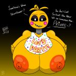  ... animatronic anthro areola avian beakless bib big_breasts bird black_sclera blush blush_stickers breasts bust_portrait chicken english_text female five_nights_at_freddy&#039;s five_nights_at_freddy&#039;s_2 galainza galliform gallus_(genus) half-closed_eyes hi_res huge_breasts looking_at_viewer machine narrowed_eyes nipples non-mammal_breasts orange_areola orange_nipples phasianid portrait question_mark robot scottgames smile solo text toy_chica_(fnaf) video_games white_eyes yellow_body 