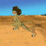  absurd_res anthro brown_body brown_fur brown_hair cheetah felid feline female fur gesture hair hi_res leg_markings mammal markings nude pointing round_ears running socks_(marking) solo spots spotted_markings 