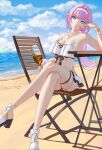  1girl absurdres alcohol bangs beach bikini bikini_skirt blue_eyes breasts chair cleavage cloud cloudy_sky crossed_legs cup drinking_glass duju_jiugong_zhong elf elysia_(honkai_impact) elysia_(miss_pink_elf) frilled_bikini frills headband highres holding holding_cup honkai_(series) honkai_impact_3rd long_hair looking_at_viewer outdoors pink_hair pointy_ears ponytail sandals shadow sitting sky swimsuit table water wine wine_glass 