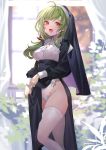  1girl :d bangs black_dress delutaya dress fang feet_out_of_frame fuyouchu green_hair highres indie_virtual_youtuber long_hair long_sleeves looking_at_viewer nun pelvic_curtain puffy_long_sleeves puffy_sleeves red_eyes smile solo standing thighhighs veil virtual_youtuber white_thighhighs 