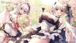  2girls :d apron azur_lane bare_shoulders black_dress black_ribbon blurry blush bouquet breasts choker cleavage closed_mouth clothes_lift copyright_name cowboy_shot cross-laced_clothes day depth_of_field dress dress_lift dutch_angle falling_petals floating_hair flower formidable_(azur_lane) frilled_apron frilled_choker frilled_dress frills gothic_lolita grey_hair hair_ribbon hairband holding holding_bouquet lace-trimmed_hairband lace_trim large_breasts lolita_fashion long_hair looking_at_viewer maid mitsuba_choco multiple_girls official_art outdoors parted_lips petals pink_flower pink_rose puffy_short_sleeves puffy_sleeves red_eyes red_ribbon ribbon rose short_sleeves sidelocks sirius_(azur_lane) skirt_hold sleeves_past_wrists smile thighhighs thighs twintails two-tone_choker two-tone_dress two-tone_ribbon waist_apron white_apron white_choker white_flower white_hair white_thighhighs zettai_ryouiki 