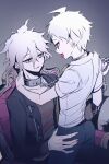  2boys absurdres ahoge bangs black_jacket black_pants chain chained collar danganronpa_(series) danganronpa_another_episode:_ultra_despair_girls eye_contact gradient gradient_background green_necktie grey_eyes grey_shirt hair_between_eyes hand_on_another&#039;s_hip highres hinata_hajime hinata_hajime_(awakened) jacket komaeda_nagito long_sleeves looking_at_another male_focus messy_hair metal_collar multiple_boys necktie official_alternate_costume open_clothes open_jacket pants red_shirt servant_(danganronpa) shirt short_hair short_sleeves sitting sitting_on_lap sitting_on_person striped striped_shirt tongue tongue_out yaoi ziling 