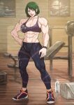  1girl barbell bob_cut bottle bracelet breasts choker cirenk green_hair gym highres jewelry large_breasts looking_at_viewer muscular muscular_female non-web_source open_mouth original red_eyes short_hair solo spiked_bracelet spikes sportswear water_bottle 