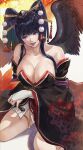  1girl autumn_leaves black_hair breasts cleavage collarbone dead_or_alive gauss_&lt;bokashi hair_ornament highres large_breasts licking_lips lips long_hair looking_at_viewer mole nyotengu purple_eyes sitting tongue tongue_out wings 