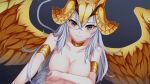  1girl armlet artist_request bare_shoulders black_eyes blush breasts choker cleavage colored_sclera covering covering_breasts crown fal_(monster_musume) feathered_wings feathers game_cg large_breasts long_hair looking_at_viewer monster_musume_no_iru_nichijou monster_musume_no_iru_nichijou_online official_art pov solo white_hair wings yellow_feathers yellow_sclera yellow_wings 