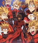  blonde_hair closed_eyes cross doughnut earrings eating food highres jewelry long_coat mole mole_under_eye one_eye_closed open_mouth otagothic single_earring sun sunglasses teeth tongue trigun v variations vash_the_stampede walking 