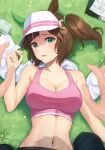  1boy 1girl animal_ears bare_shoulders bottle bra breasts brown_hair cleavage collarbone ear_covers freckles grass green_eyes highres horse_ears horse_girl ines_fujin_(umamusume) inuyabu_cc large_breasts looking_at_viewer lying navel on_back outdoors pink_bra pov pov_hands shadow side_ponytail single_ear_cover smile solo sports_bra sweat towel umamusume underwear upper_body visor_cap water_bottle yukadon 