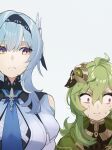  2girls arabian_clothes bangs bare_shoulders black_hairband blue_hair blue_necktie closed_mouth collei_(genshin_impact) eula_(genshin_impact) genshin_impact green_hair hair_between_eyes hair_ornament hairband highres lempika light_blue_hair long_hair looking_to_the_side medium_hair multiple_girls necktie nervous purple_eyes sweat wavy_hair white_background yellow_eyes 