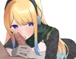  1girl blonde_hair blue_eyes blue_hair breasts camouflage censored fellatio gloves gradient_hair highres holding indie_virtual_youtuber long_hair looking_at_viewer multicolored_hair non-web_source oral penis solo strigidae virtual_youtuber zeta_(vtuber) 