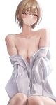  1girl absurdres blonde_hair blush breasts cleavage cloneryu clothes_pull collarbone highres idolmaster idolmaster_shiny_colors looking_at_viewer naked_shirt red_eyes saijo_juri shirt shirt_pull short_hair simple_background small_breasts solo sweatdrop white_background white_shirt 