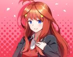  1girl ahoge bangs black_jacket blazer blue_eyes blush collared_shirt commentary_request go-toubun_no_hanayome hair_between_eyes hair_ornament jacket kooeiatd111020 long_hair looking_at_viewer nakano_itsuki open_clothes open_jacket polka_dot polka_dot_background red_background red_hair red_sweater red_sweater_vest school_uniform shirt smile solo star_(symbol) star_hair_ornament sweater sweater_vest teeth upper_body white_shirt 