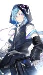  1boy absurdres androgynous arknights bishounen black_hoodie blue_hair cowboy_shot hair_ornament hairclip highres hood hoodie long_hair looking_at_viewer male_focus mizuki_(arknights) open_mouth purple_eyes shabi96522 shirt simple_background solo twintails white_background white_shirt 