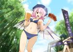  2girls alcohol animal_ears antennae bamboo bamboo_forest bare_arms bare_legs bare_shoulders be_yu beer beer_bottle bikini bird_ears bird_wings blue_bikini blush brown_eyes collarbone cup earrings food food_stand forest green_hair head_scarf highres holding holding_cup holding_food jewelry multiple_girls mystia_lorelei nature navel okamisty one_eye_closed open_mouth pink_hair short_hair single_earring smile swimsuit touhou white_wings wings wriggle_nightbug yatai 