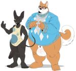  anthro balls bottomless canid canine clothed clothing domestic_cat duo felid feline felis fox genitals hi_res male male/male mammal satsui-n0-had0u shirt topwear 