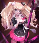  1girl artist_name bangs bear_hair_ornament black_bra black_shirt blonde_hair blood blue_eyes bow bra breasts cleavage closed_mouth cowboy_shot danganronpa:_trigger_happy_havoc danganronpa_(series) enoshima_junko gamin_(rkald1110) hair_ornament highres large_breasts long_hair miniskirt nail_polish necktie outstretched_arm pink_blood pleated_skirt polearm red_bow red_nails red_skirt shiny shiny_hair shirt skirt smile solo spear twintails underwear weapon white_necktie 