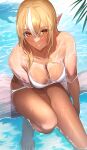  1girl bangs barefoot bikini blonde_hair blush breasts caustics cleavage dark-skinned_female dark_skin day elf halterneck highres hololive leaf light_smile long_hair looking_at_viewer multicolored_hair orange_eyes outdoors parted_lips pointy_ears see-through shiranui_flare short_sleeves sidelocks sitting skindentation slit_pupils solo streaked_hair swimsuit swimsuit_cover-up thighs usagits_00 virtual_youtuber water wet wet_clothes white_bikini white_hair 