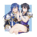  1boy 1girl armor black_hair blue_hair breastplate cape carrying closed_eyes earrings fire_emblem fire_emblem:_genealogy_of_the_holy_war hair_between_eyes heart highres inkanii jewelry larcei_(fire_emblem) long_hair pauldrons ponytail princess_carry ring seliph_(fire_emblem) shoulder_armor simple_background smile sparkle wedding_ring white_armor 