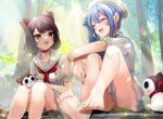  2girls :d animal_ears ascot bare_legs barefoot beret black_hair blue_hair blue_nails choker closed_eyes dog_ears ear_piercing earrings forest hair_ornament hairclip hat heterochromia highres hololive hoshimachi_suisei inui_toko jewelry long_hair low_twintails multiple_girls nail_polish nature nijisanji open_mouth piercing red_eyes school_uniform serafuku shinomiya_shino_(sinosino141) side_ponytail smile soaking_feet sunlight toenail_polish toenails tree twintails virtual_youtuber water yellow_eyes 