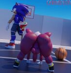 3d_(artwork) all_fours anthro anus backsack ball balls basketball_(ball) bent_over big_butt blue_body blue_fur bottomless bottomless_male bottomwear butt camseven chip_(sonic) clothed clothing digital_media_(artwork) duo eulipotyphlan footwear fur genitals girly hair hedgehog hi_res looking_back male mammal outside penis rear_view red_body red_fur sega shoes sonic_the_hedgehog sonic_the_hedgehog_(series) sonic_unleashed stretching teapot_(body_type) unknown_species watermark white_hair wide_hips 