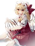  1girl ascot back_bow bangs birdcage blonde_hair blush bow cage closed_mouth collared_shirt crystal eyes_visible_through_hair feet_out_of_frame flandre_scarlet frilled_shirt_collar frilled_skirt frilled_sleeves frills frown hair_between_eyes hat hat_ribbon highres looking_at_viewer medium_hair mob_cap one_side_up puffy_short_sleeves puffy_sleeves red_eyes red_ribbon red_skirt red_vest ribbon shirt short_sleeves simple_background sitting skirt skirt_set slit_pupils solo sorani_(kaeru0768) touhou vest white_background white_bow white_headwear white_shirt wings wrist_cuffs yellow_ascot 