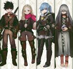  1boy 3girls absurdres anklet armor barefoot belt_boots black_hair blonde_hair blue_hair book boots braid crystal_ball elf fantasy fingerless_gloves full_body gauntlets gloves grey_hair guardian_(seojh1029) highres holding holding_book jewelry jun_(seojh1029) long_hair looking_at_viewer multiple_girls original pointy_ears scarf sheath sheathed shield short_hair short_ponytail side_braid single_braid smile standing sword thigh_boots thighhighs weapon weibo_logo weibo_username 