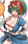  1girl :d absurdres bandages bangs blue_shirt blue_skirt blush breasts chest_sarashi cleavage collarbone commentary cowboy_shot fire_emblem fire_emblem:_the_blazing_blade fire_emblem_heroes gonzarez green_eyes green_hair hand_on_hip hand_up highres holding large_breasts long_hair looking_at_viewer lyn_(fire_emblem) mask mask_on_head official_alternate_costume open_mouth ponytail sarashi shirt simple_background single-shoulder_shirt single_bare_shoulder single_sleeve skirt smile solo standing strapless tube_top very_long_hair white_background 