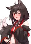  ahoge animal_ear_fluff animal_ears bangs belt black_hair black_hoodie blush braid breasts commentary_request deaver detached_sleeves fang fox_ears fox_girl fox_tail hair_between_eyes hand_on_hip hand_on_own_chest highres hololive hood hoodie kurokami_fubuki long_hair looking_at_viewer midriff motion_lines navel neckerchief one_eye_closed open_mouth pentagram red_eyes red_neckerchief sidelocks simple_background single_braid small_breasts sweatdrop tail virtual_youtuber white_background 
