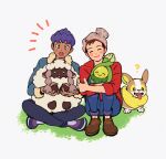  2boys ? beanie black_pants blush_stickers bright_pupils brown_footwear brown_hair budew cable_knit closed_eyes closed_mouth commentary_request dark-skinned_male dark_skin ei_(k_m_d_r) facing_viewer fur-trimmed_jacket fur_trim grey_headwear hat holding holding_pokemon hop_(pokemon) jacket male_focus multiple_boys pants pokemon pokemon_(creature) pokemon_(game) pokemon_swsh purple_hair red_shirt shirt shoes short_hair smile victor_(pokemon) white_background white_pupils wooloo yamper 