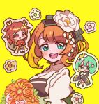  3girls :d :o akino_kaede anmin_do_fuuuuu aqua_eyes bangs black_coat blunt_bangs blush bouquet buttons chibi chibi_inset closed_mouth coat collared_shirt commentary dot_nose flower flower_(symbol) green_eyes green_hair hair_flower hair_ornament hairband haruna_konomi highres holding holding_bouquet lily_of_the_valley looking_at_another looking_at_viewer magia_record:_mahou_shoujo_madoka_magica_gaiden magical_girl mahou_shoujo_madoka_magica multicolored_hair multiple_girls natsume_kako no_nose open_mouth orange_coat orange_flower orange_hair puffy_short_sleeves puffy_sleeves red_eyes red_hair shirt short_hair short_sleeves smile sticker streaked_hair symbol-only_commentary teeth two_side_up upper_teeth white_shirt yellow_background 