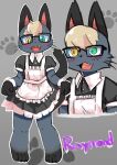  4_fingers 4_toes absurd_res animal_crossing anthro apron aya_tsuji black_body black_ears black_fur black_nose black_tail blonde_hair blue_body blue_fur blush clothing digital_media_(artwork) domestic_cat eyewear fangs feet felid feline felis fingers fur glasses green_eyes hair head_tuft hi_res looking_down maid_uniform male mammal multicolored_body multicolored_fur nintendo open_mouth open_smile raymond_(animal_crossing) smile solo standing toes tuft two_tone_body two_tone_fur uniform video_games whiskers yellow_eyes 