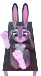  3_toes 3d_(artwork) blender_(disambiguation) breasts cotg_(artist) digital_media_(artwork) disney feet female fur furniture grey_body grey_fur hi_res judy_hopps lagomorph leporid mammal paws purple_eyes rabbit raised_leg simple_background solo table toes zootopia 