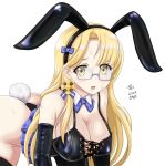  1girl animal_ears artist_name black_gloves black_leotard blonde_hair blush breasts cleavage dated detached_collar dress elbow_gloves fake_animal_ears fake_tail glasses gloves kantai_collection large_breasts leotard long_hair northampton_(kancolle) open_mouth rabbit_ears rabbit_tail semi-rimless_eyewear signature simple_background solo strapless strapless_dress tail tk8d32 white_background yellow_eyes 