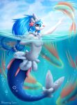 anthro artist_name bloominglynx blue_eyes blue_hair blue_sky breasts bubble closed_smile eyelashes featureless_breasts female fish glistening glistening_eyes glistening_hair group hair hi_res marine merfolk mouth_closed navel partially_submerged pink_nose sky split_form waterline_view 