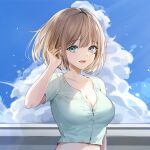  1girl :d aqua_shirt bangs blue_sky breasts cleavage cloud collarbone commentary_request crop_top day facial_mark hand_up heart highres korean_commentary large_breasts lillly looking_at_viewer midriff open_mouth original shirt short_sleeves sky smile solo upper_body 