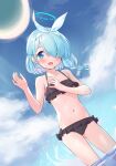  1girl absurdres arm_up arona_(blue_archive) ball beachball bikini black_bikini blue_archive blue_hair blush bow cloud frilled_bikini frills fubuki_rinne hair_bow hair_over_one_eye halo highres navel open_mouth outdoors ribbon short_hair sky smile solo swimsuit thighs wading water 