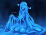  1girl :o blue_eyes blue_hair blue_sclera blue_skin blue_theme colored_sclera colored_skin completely_nude highres hole_in_chest hole_on_body long_hair looking_at_viewer monochrome monster_girl nude original parted_lips ruteko_(ruko220) sitting slime_girl solo tentacle_hair twitter_username very_long_hair 