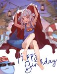 1girl :d absurdres armpits arms_up bangs bloop_(gawr_gura) blue_eyes blue_hair blue_one-piece_swimsuit blunt_bangs english_text fish_tail gawr_gura goggles goggles_around_neck hair_ornament hanging_lantern happy_birthday highres hololive hololive_english innertube lantern looking_at_viewer medium_hair meiyan_(boyimachao) multicolored_hair one-piece_swimsuit open_mouth shark_girl shark_hair_ornament shark_print shark_tail sharp_teeth sitting smile streaked_hair swimsuit tail teeth virtual_youtuber water wet wet_clothes wet_swimsuit white_hair 