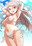 1girl arms_behind_head bikini blue_sky breasts brown_eyes cloud commentary_request conte_di_cavour_(kancolle) cowboy_shot fuji_(pixiv24804665) grey_hair highres kantai_collection large_breasts long_hair open_mouth side-tie_bikini_bottom sky solo striped striped_bikini swimsuit teeth two_side_up upper_teeth 