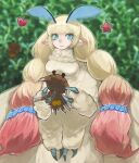  1girl arthropod_girl big_hair blonde_hair blue_eyes closed_mouth cross-shaped_pupils earrings extra_arms fewer_digits gradient_hair highres holding jewelry long_hair looking_at_viewer monster_girl moth_antennae moth_girl multicolored_hair original pink_hair pointy_ears ruteko_(ruko220) smile solo stuffed_animal stuffed_toy twintails very_long_hair x_x 