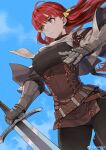  1girl absurdres armor belt blue_sky breasts capelet from_below gauntlets hair_ribbon highres holding holding_sword holding_weapon jun_(seojh1029) leather_armor long_hair original pantyhose red_hair ribbon sheath sky solo sword twintails weapon weibo_logo weibo_username 